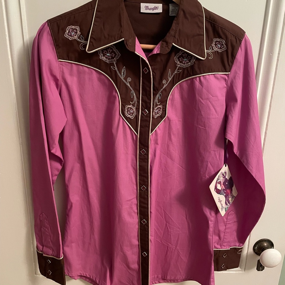 Wrangler Pink and Brown Western Embroidered Button-Down Shirt